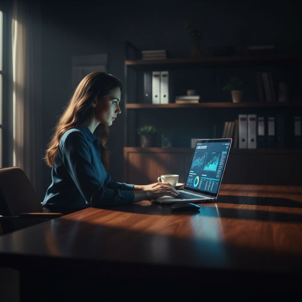 Person sits at desk with laptop in dimly lit home office, focused on screen showing website data.