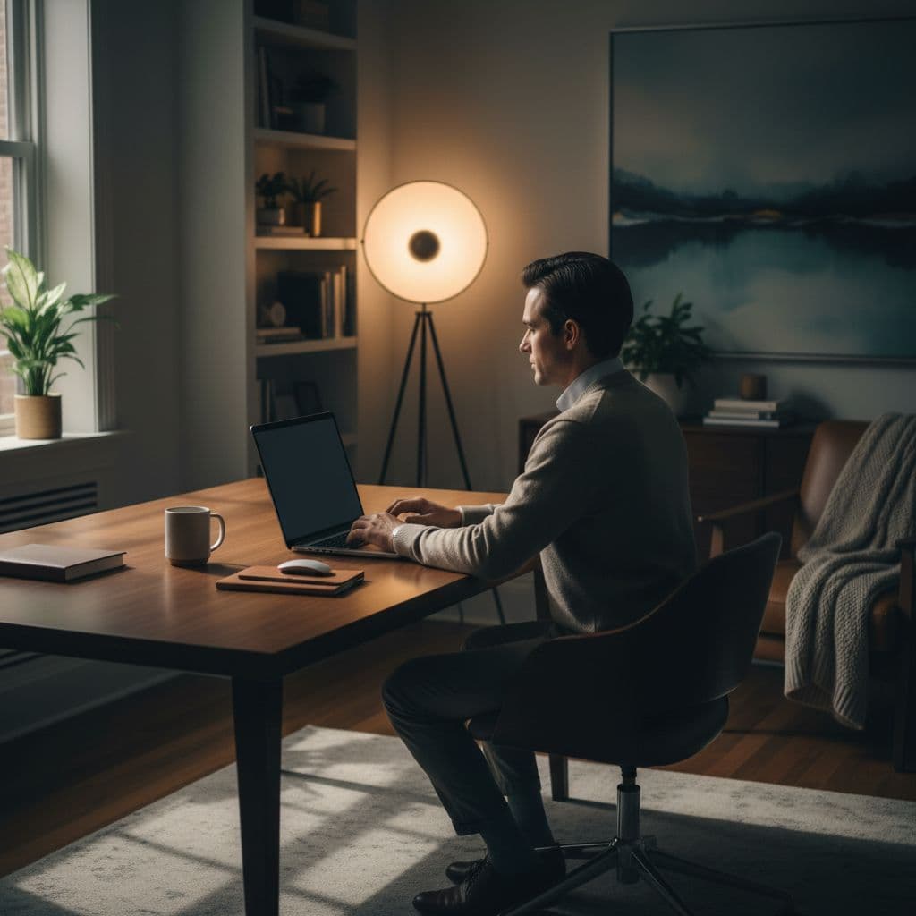 A person sits at a tidy desk focusing on their laptop in a warm, dimly lit office.