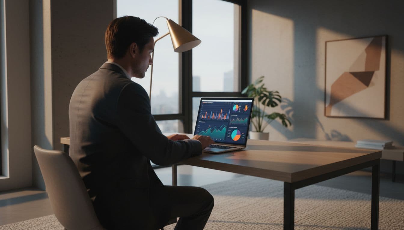 A professional examines detailed digital charts and graphs on a laptop inside a bright home office.