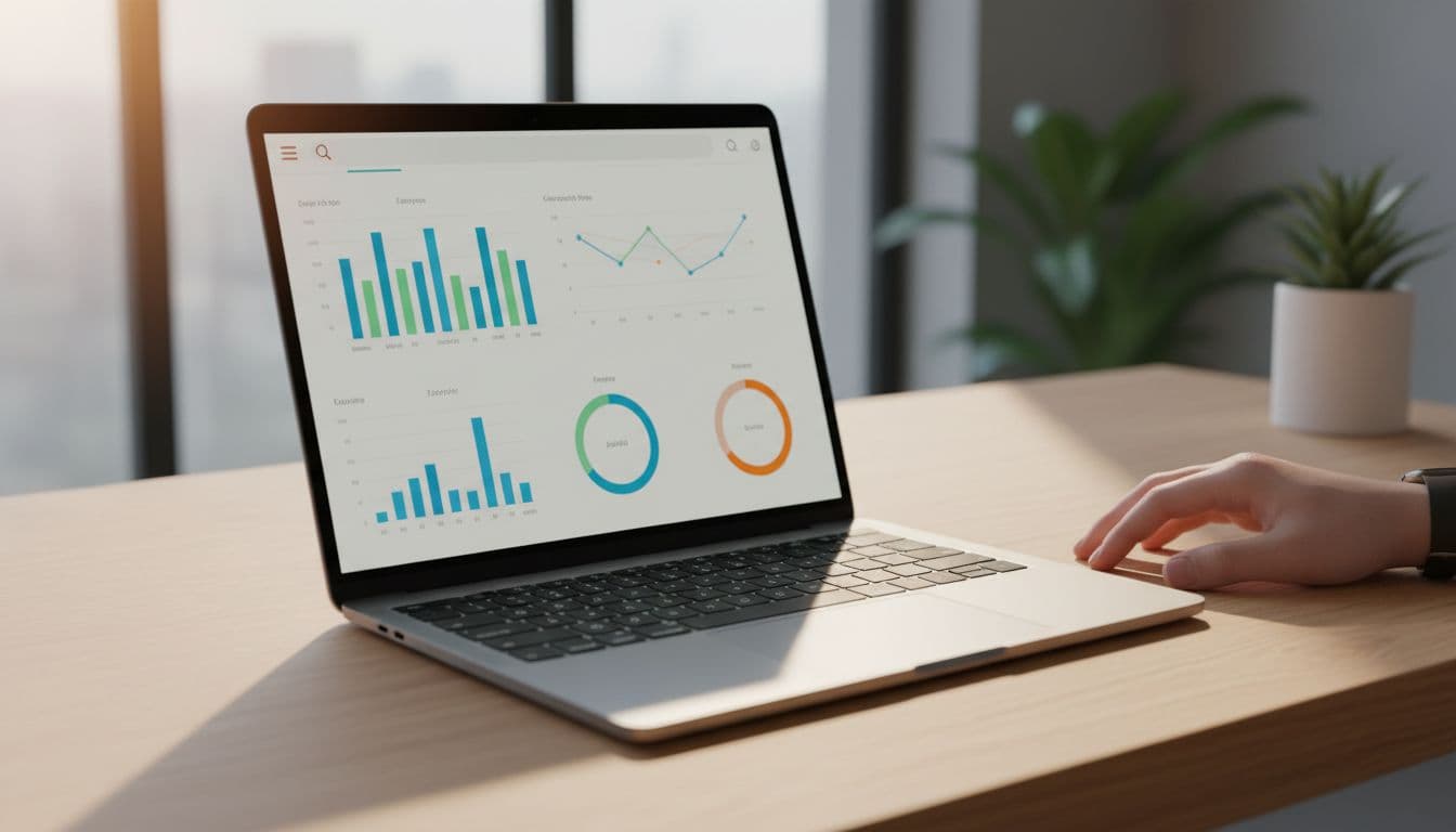 A laptop on a wooden desk displays an abstract data dashboard with charts and graphs.