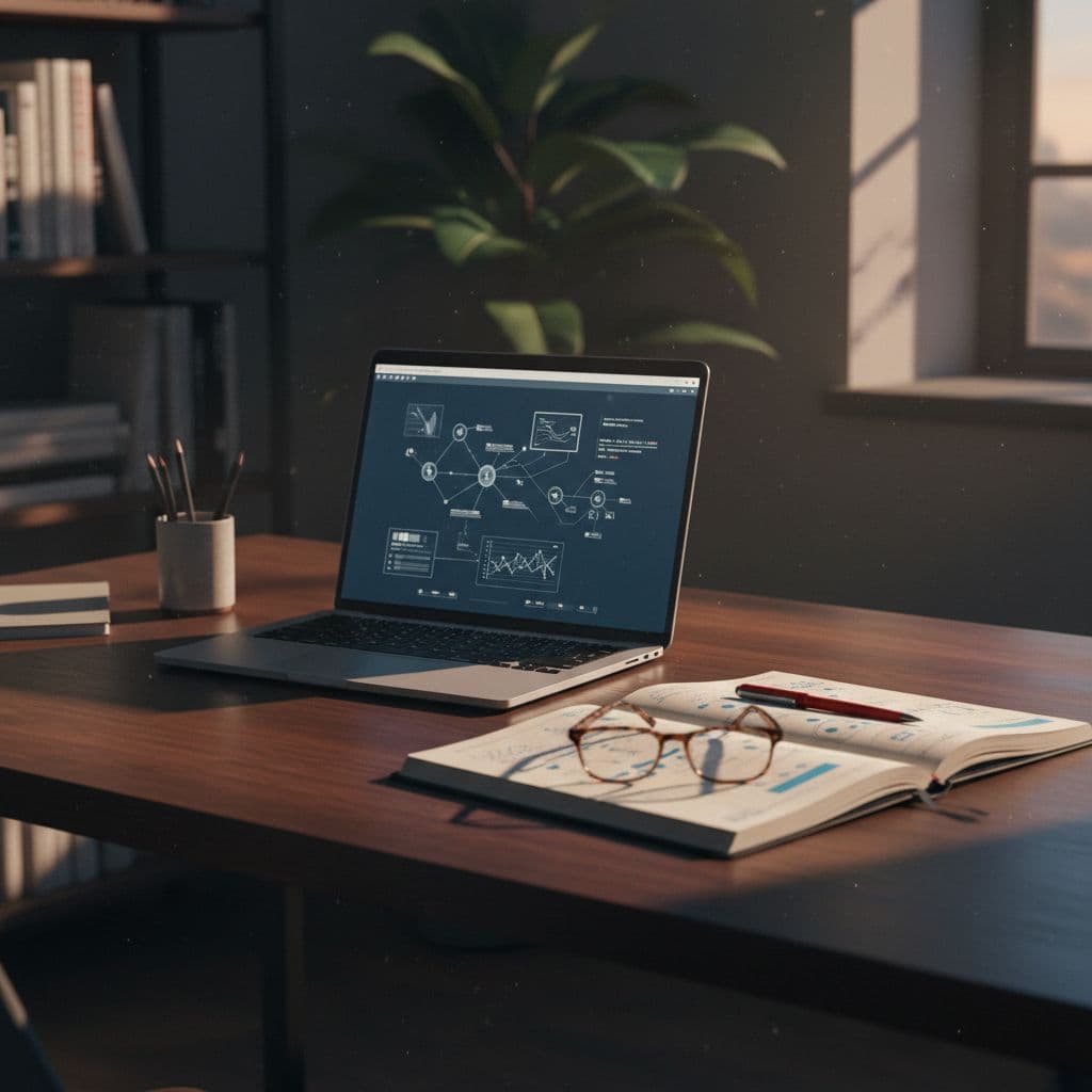 A clean desk setup featuring a laptop, open notebook, and reading glasses for careful technical analysis.