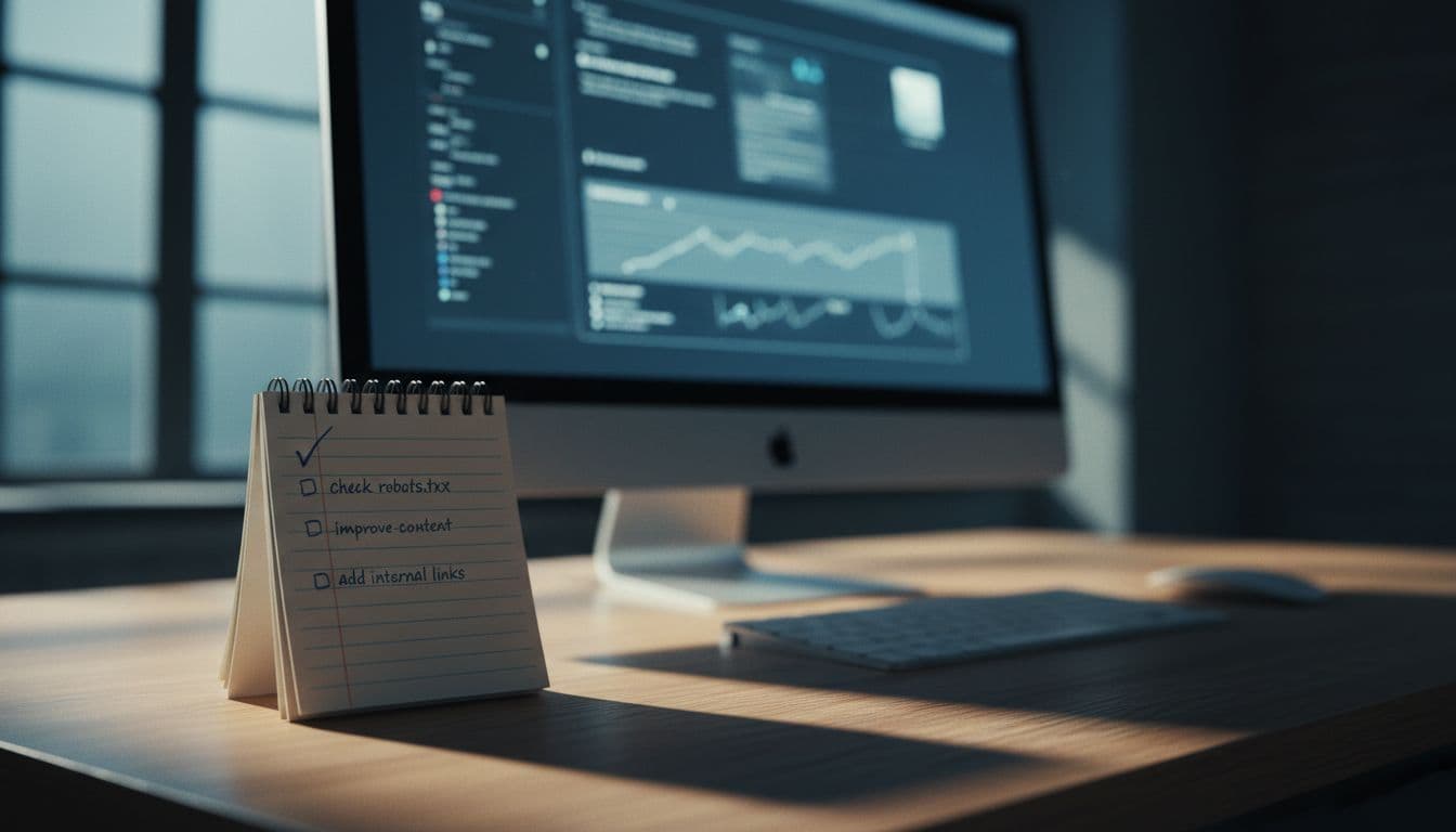 Notepad with checklist next to blurred computer screen on modern office desk.