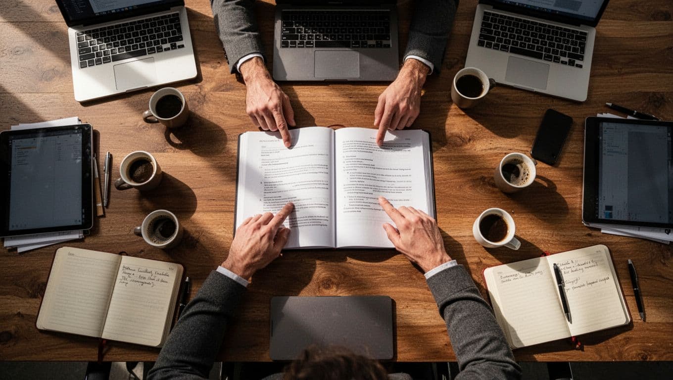 Overhead view shows two hands pointing at printed SEO checklist on wooden table with laptops, coffee cups, and open notebooks.