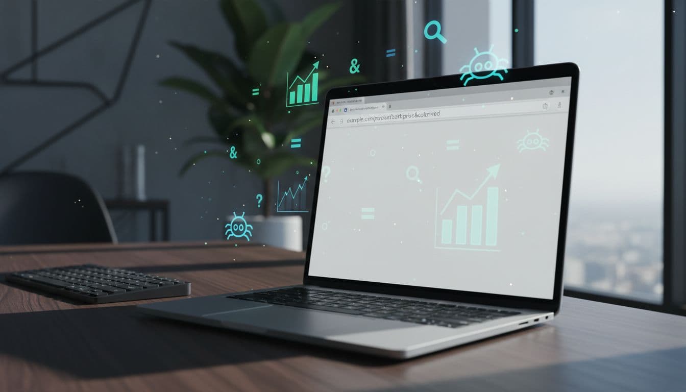 Laptop screen shows browser URL with parameters surrounded by floating SEO icons like crawlers and graphs on office desk.