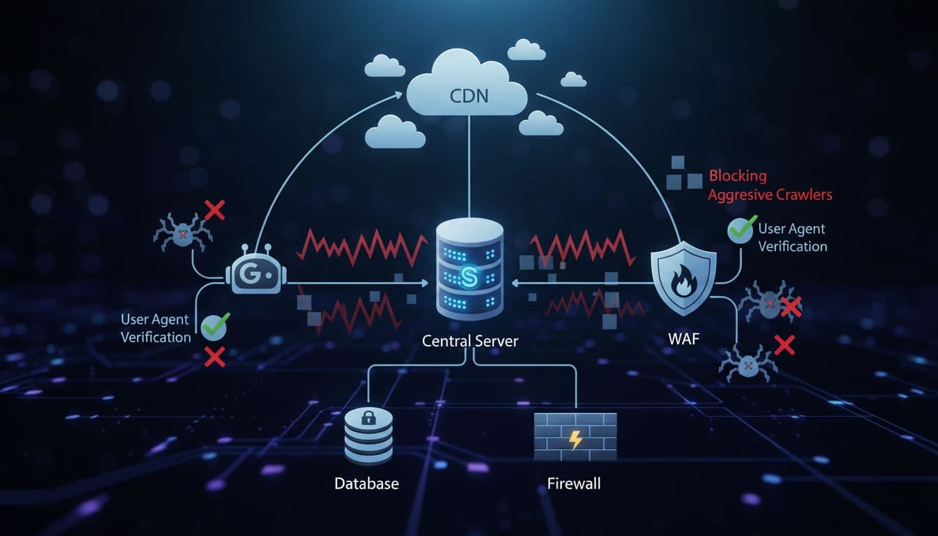 Network diagram with central server connected to CDN, WAF, cloud, database, and firewall icons blocking crawlers.