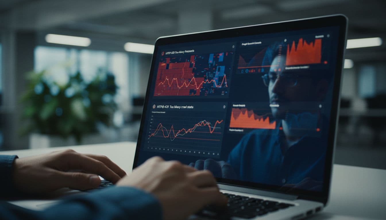 Person reviews server dashboard showing 429 error logs and crawl stats on laptop in modern office.