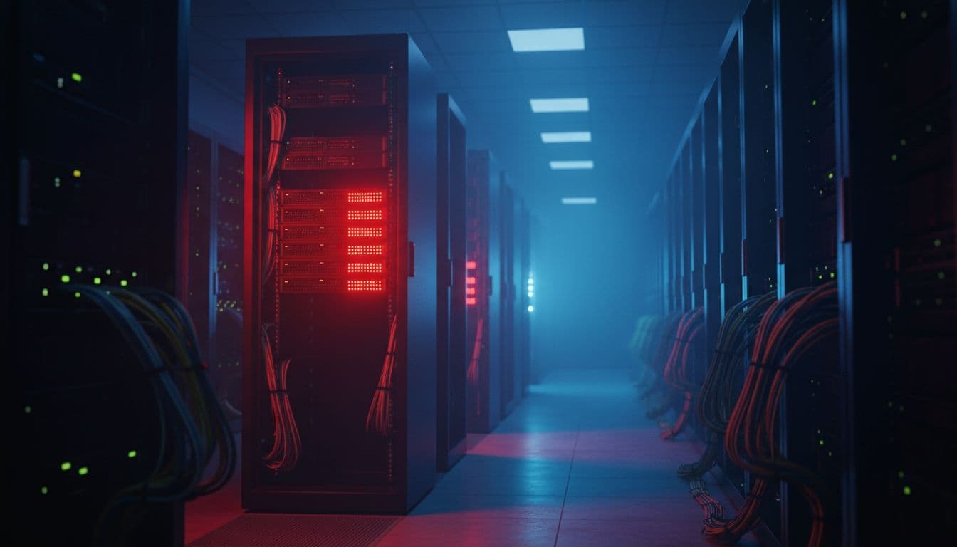 Rows of server racks in a server room, red error lights blinking on faulty servers, neat cables, red and blue lighting.