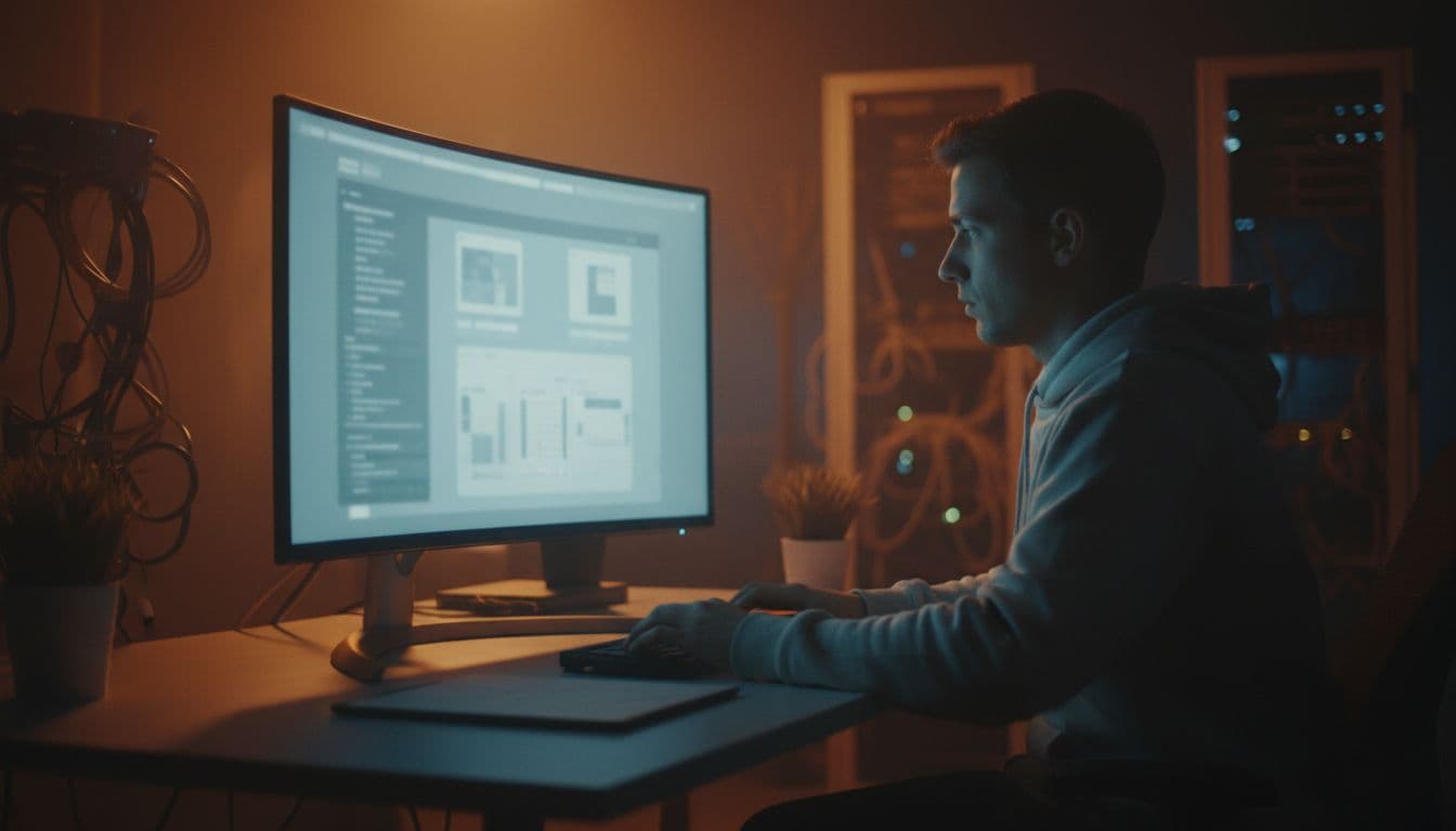 Person at desk focuses on glowing monitor in dimly lit room with blurred technical screen.