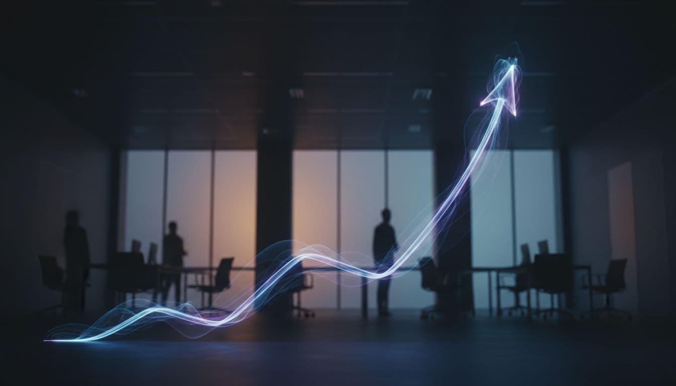 Abstract upward line graph in modern dark office with soft backlighting and dramatic lighting.