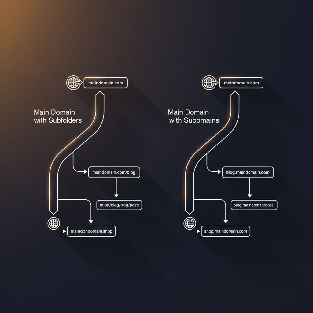 An infographic illustration comparing subfolder and subdomain website architectures using a tree structure.
