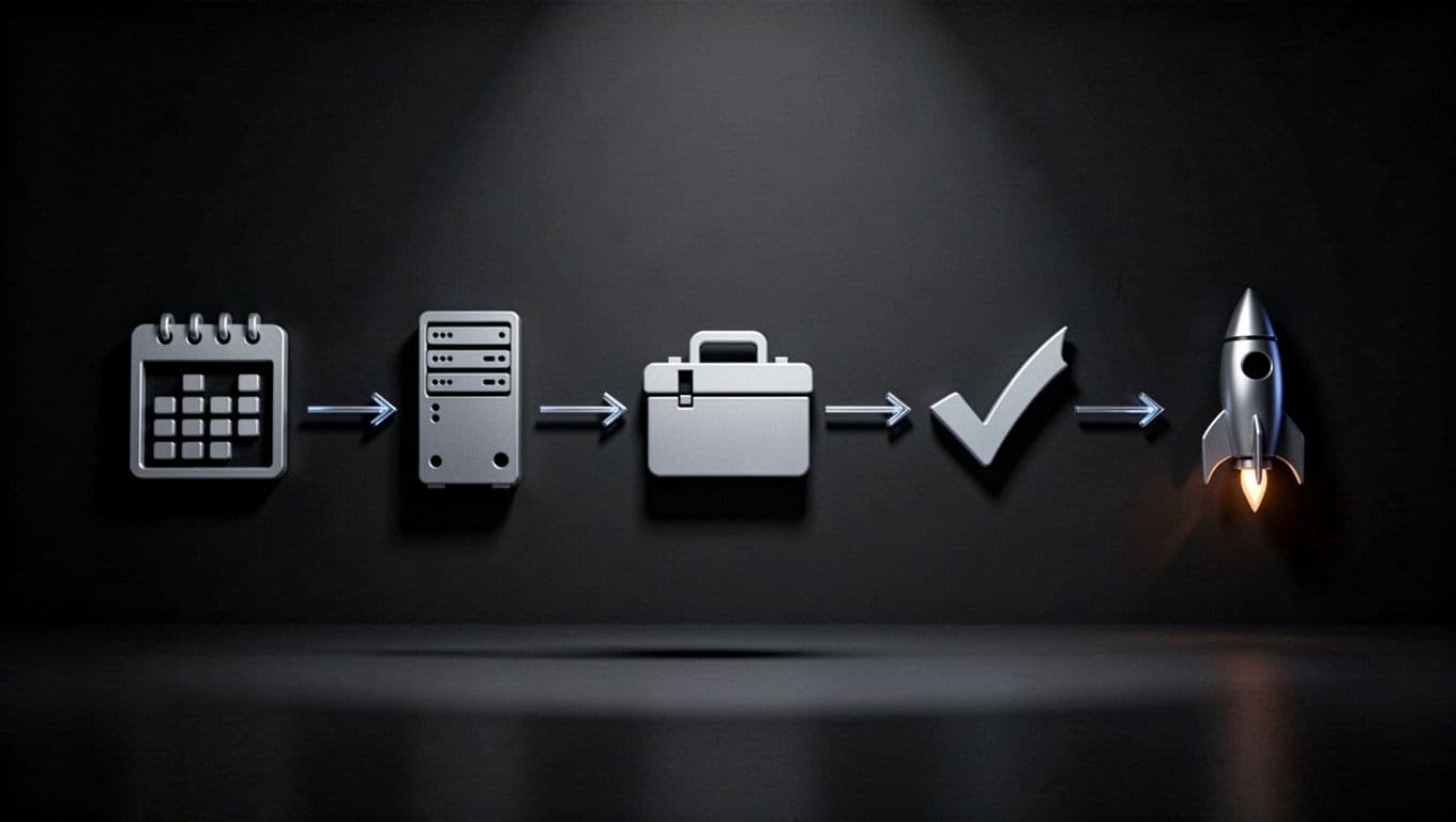 Flowchart diagram with steps plan, notify, serve 503, work, test, launch connected by arrows and icons like calendar, server, tools, checkmark, rocket on dark background.