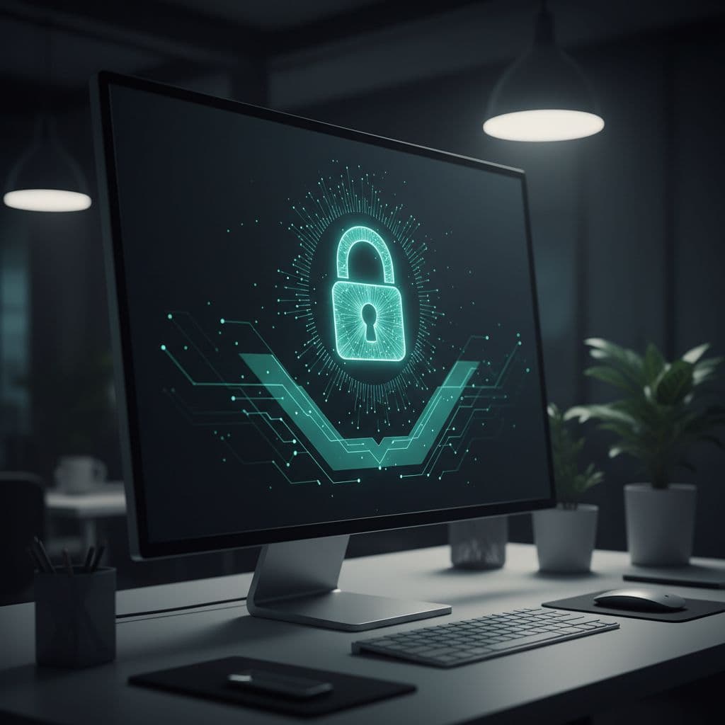 A computer monitor displays an abstract data dashboard featuring a glowing secure lock icon.