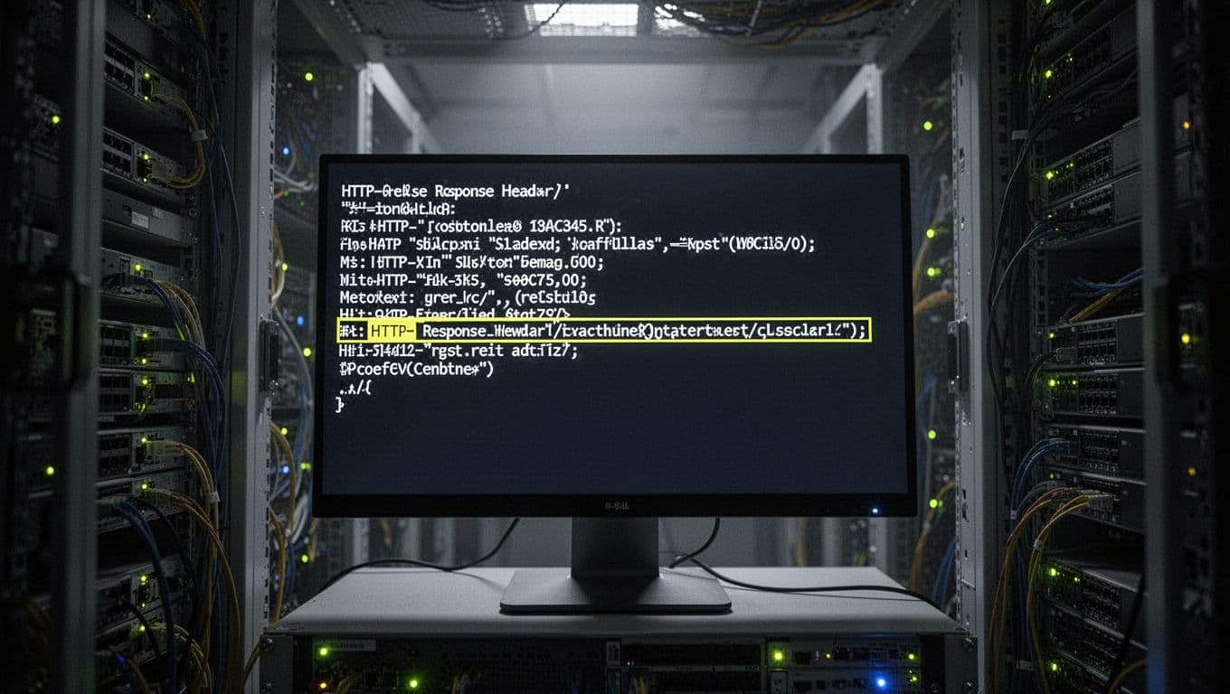 Close-up of web server dashboard showing X-Robots-Tag: noindex for PDF file, server room background with glowing screens.