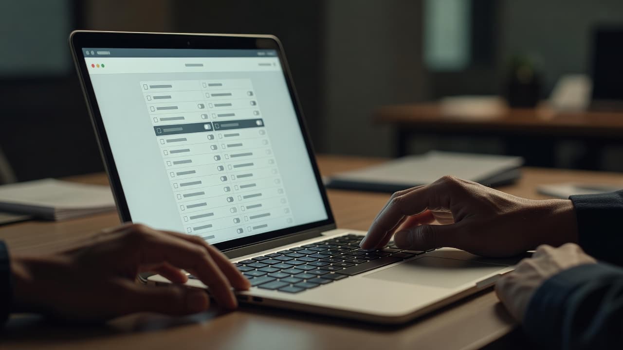 Close-up of a person's hands operating a laptop keyboard to interact with a digital filter interface. The screen displays selectable checkboxes while soft studio lighting creates a professional and focused atmosphere.