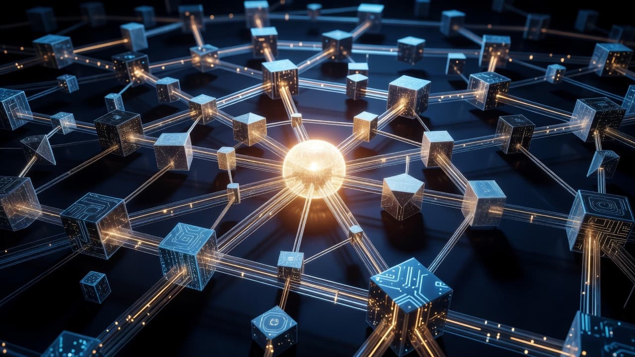 A radiant central emblem glows amidst a complex web of interconnected digital nodes. Deep blue lines weave through the composition, accented by sharp amber light flashes that signify strong information signals.
