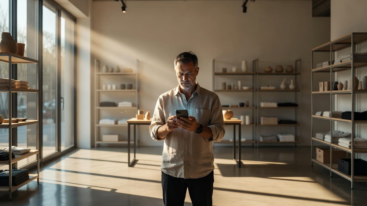 A focused shopkeeper stands in a sunlit modern retail space, intently viewing mobile app analytics on a smartphone. Shelves filled with products blur into the background under warm, cinematic golden light.