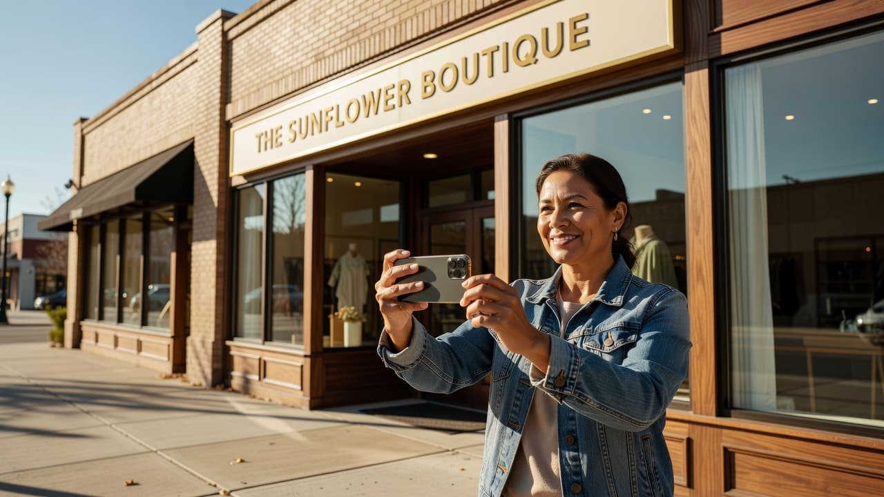 A cheerful entrepreneur stands on the sidewalk holding a smartphone to capture an image of their shop facade. The entrance features clean signage and warm lighting during a bright sunny day.