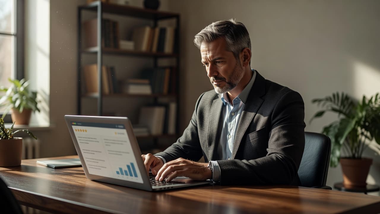 A focused professional sits at a polished wooden desk, reviewing digital feedback on a laptop screen. Soft morning sunlight illuminates the workspace, creating cinematic shadows and a warm, inviting atmosphere.