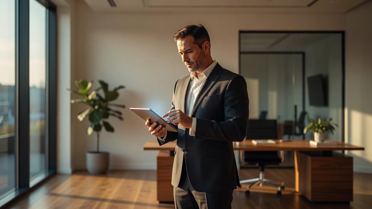 An entrepreneur stands in a sunlit professional office, carefully reviewing digital data on a sleek tablet screen. Soft golden light illuminates the modern workspace and the focused individual during their workday.