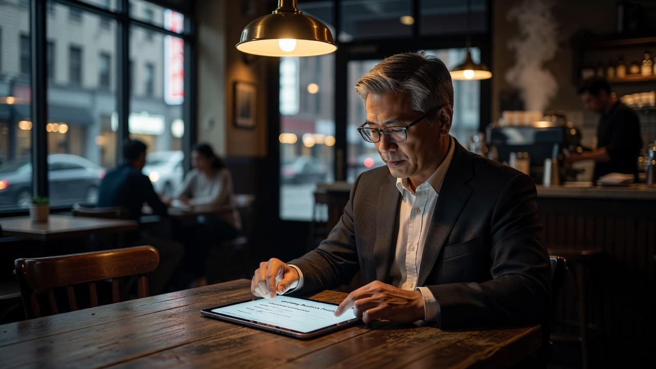 A focused entrepreneur sits at a small cafe table, intently reviewing data on a handheld tablet. The ambient lighting highlights the professional setting while the background remains softly blurred and out-of-focus.