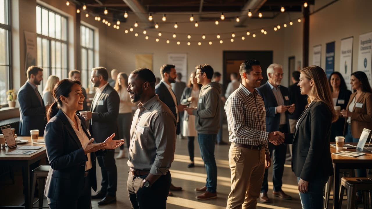 Diverse entrepreneurs stand in a sunlit hall engaged in friendly conversation. The warm, blurred background highlights their interactions, capturing a sense of professional growth and authentic local business connections in progress.