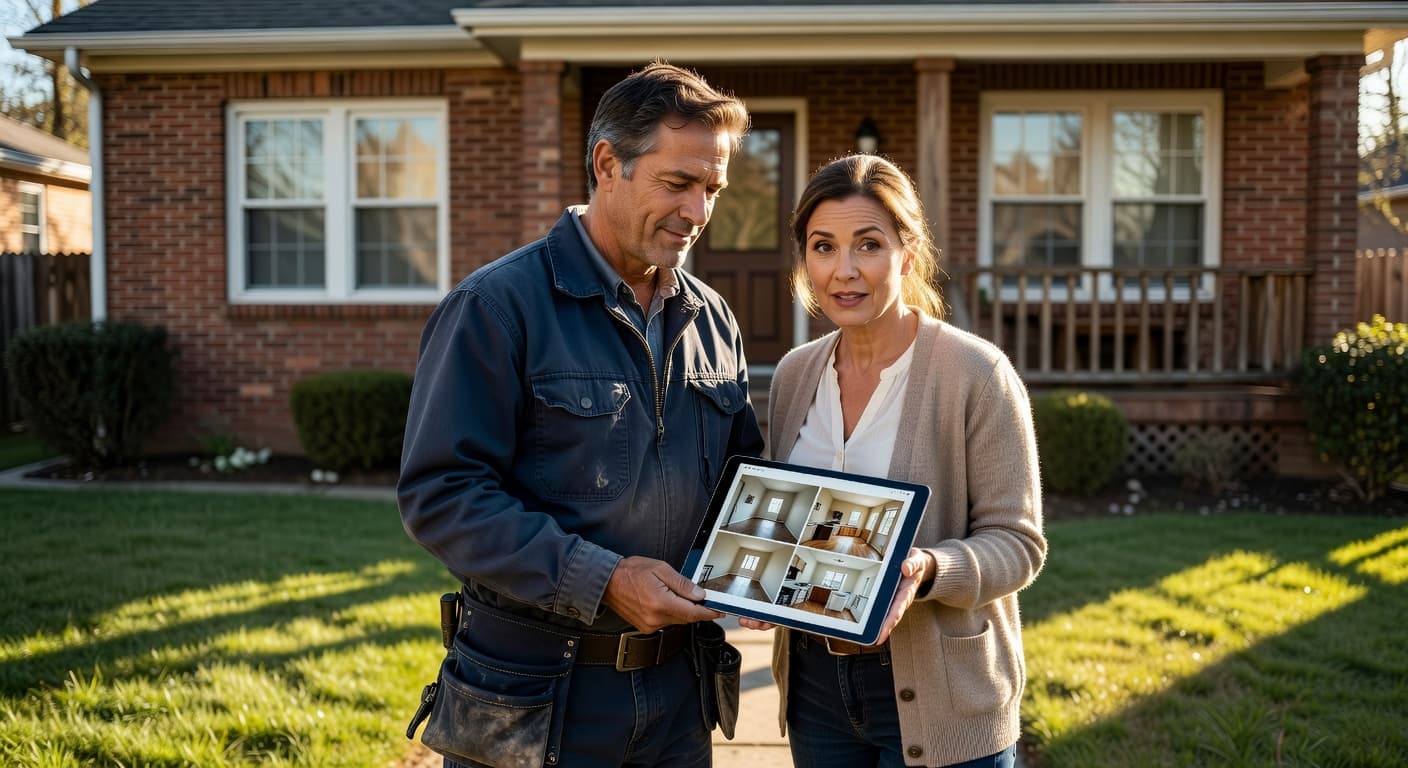 A contractor displays high-resolution project images on a digital tablet to a homeowner. They stand outside a well-maintained suburban house during the day, focusing on the screen under natural light.