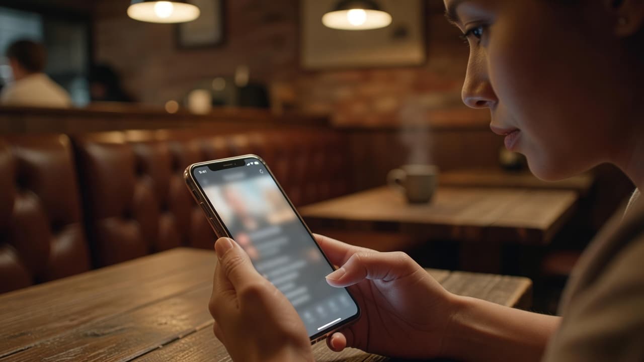 A focused individual holds a sleek smartphone within a dimly lit, inviting coffee shop. Soft ambient light highlights their hands as they interact with a digital business profile on the screen.