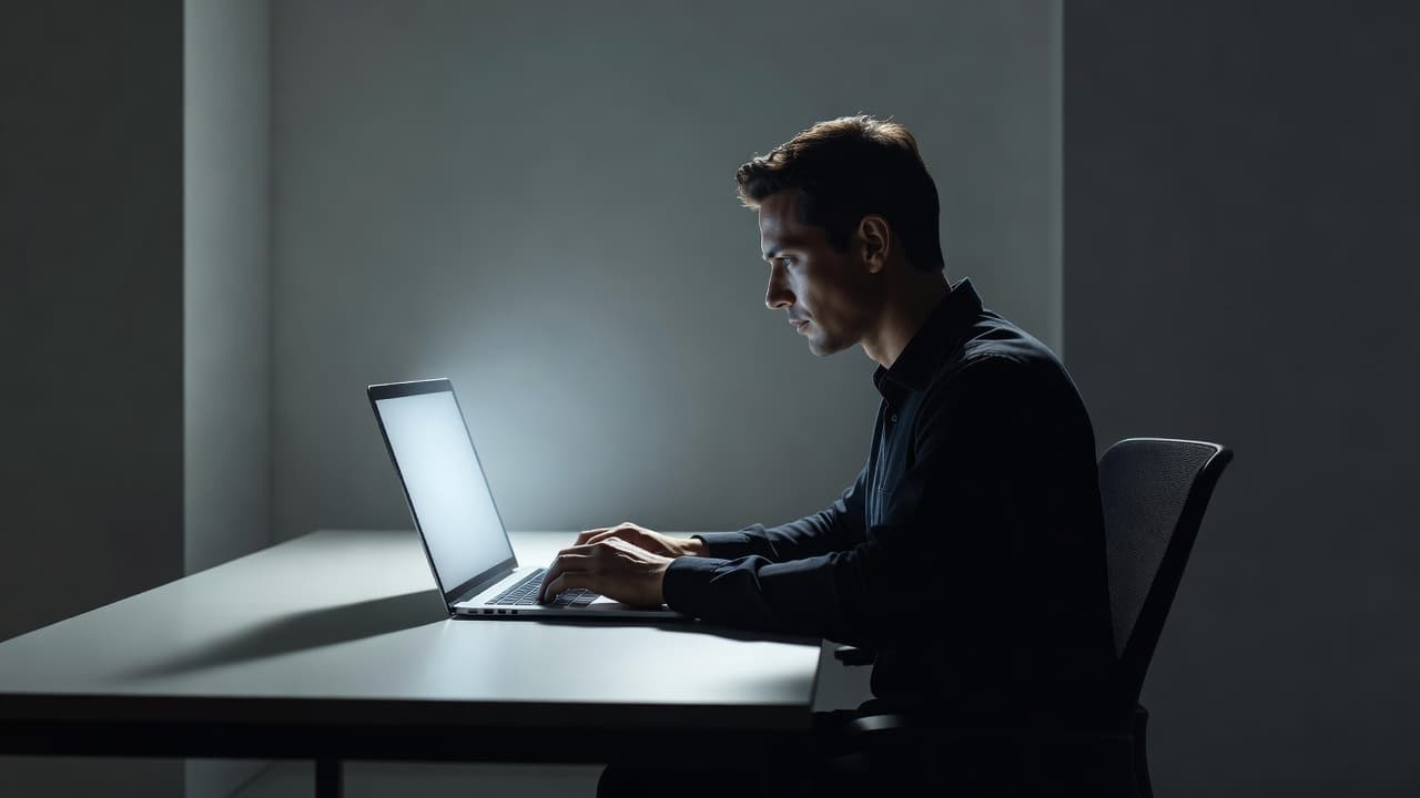 A focused individual sits at a minimalist desk viewing complex data trends on a laptop screen. Sharp cinematic lighting highlights the clean workstation setup within a professional, quiet corporate office environment.