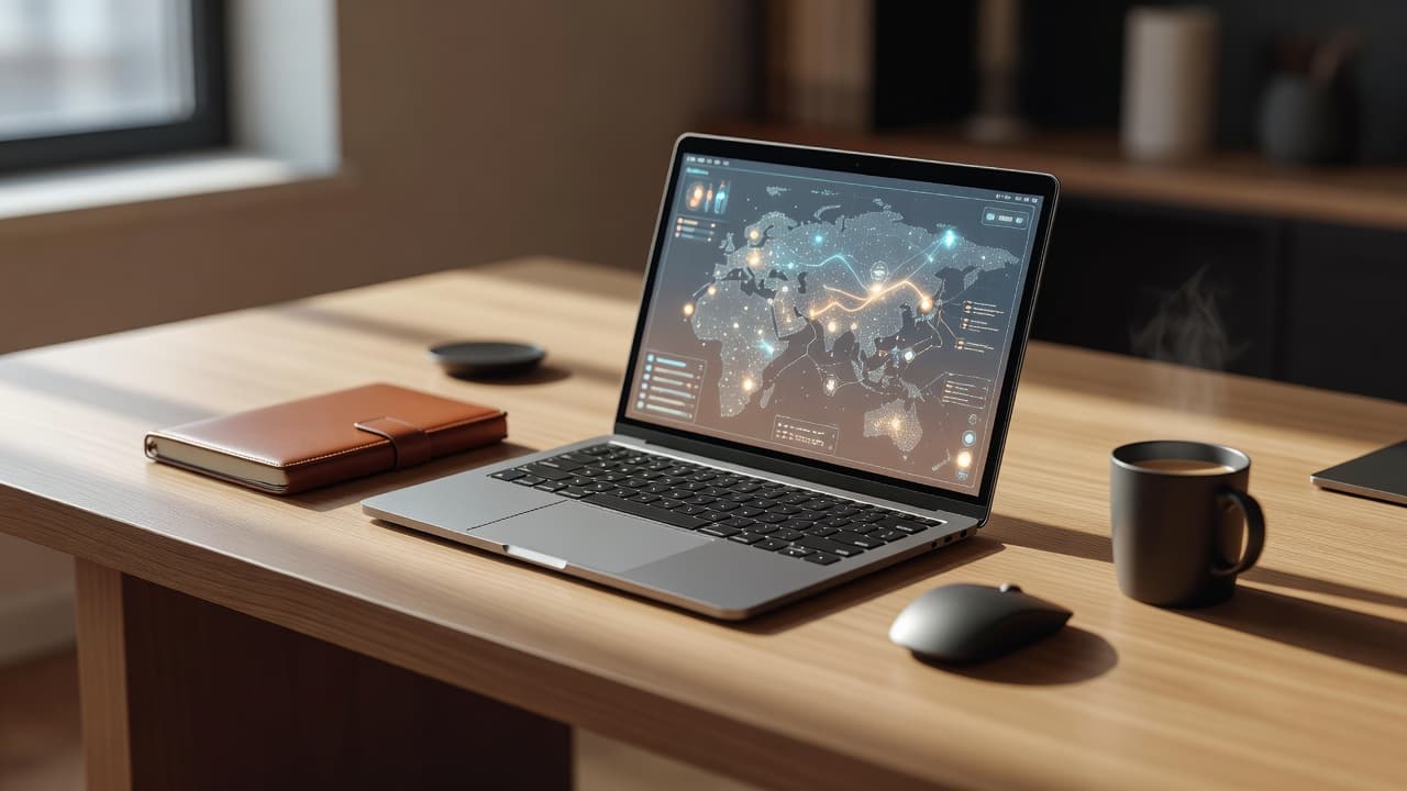A sleek silver laptop sits on a clean desk, displaying a vibrant glowing map interface with pinpoints. Warm ambient lighting creates a professional atmosphere around the polished wooden workspace surface.