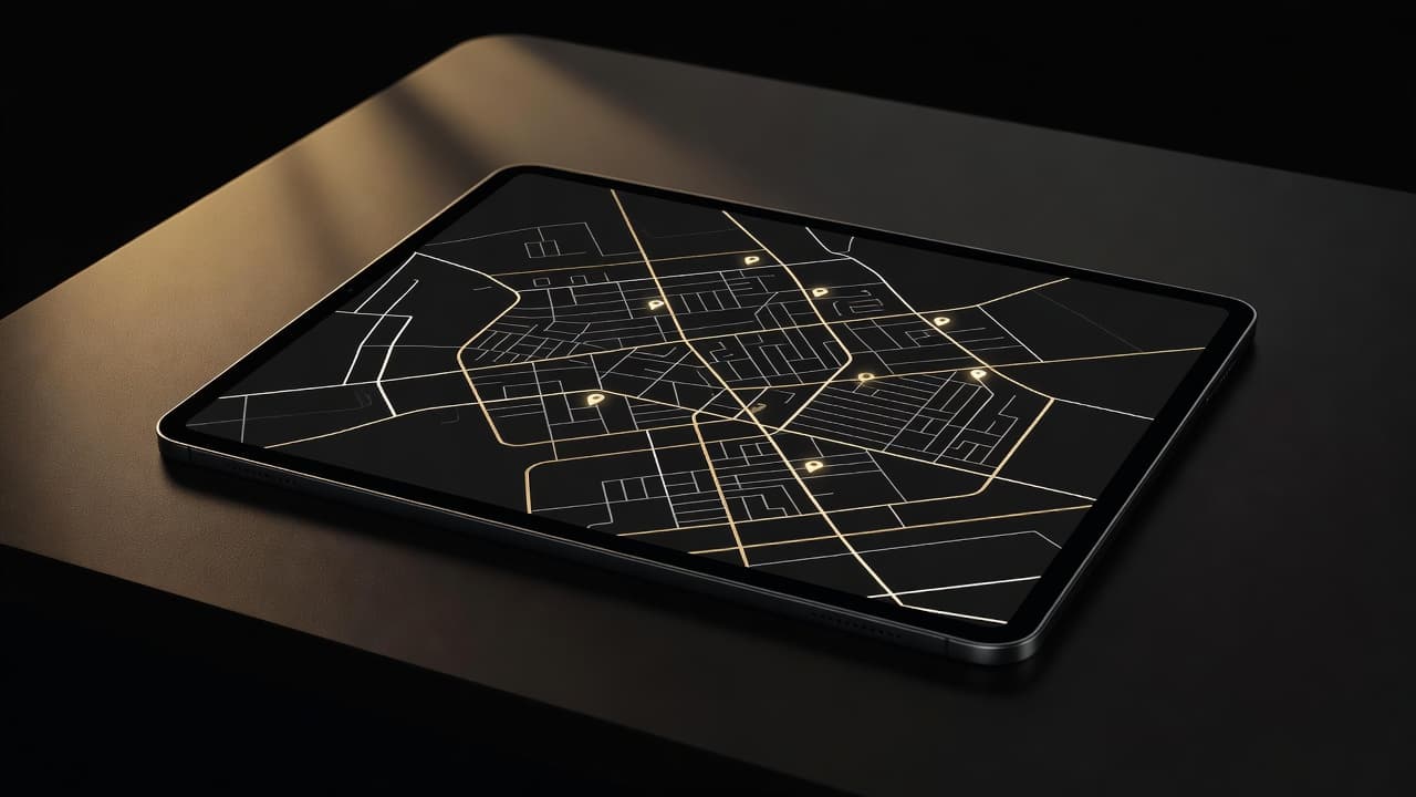 A glowing digital map interface displays service area boundaries and location markers on a dark, minimalist desk. The warm golden light highlights the tablet screen against the deep charcoal background.