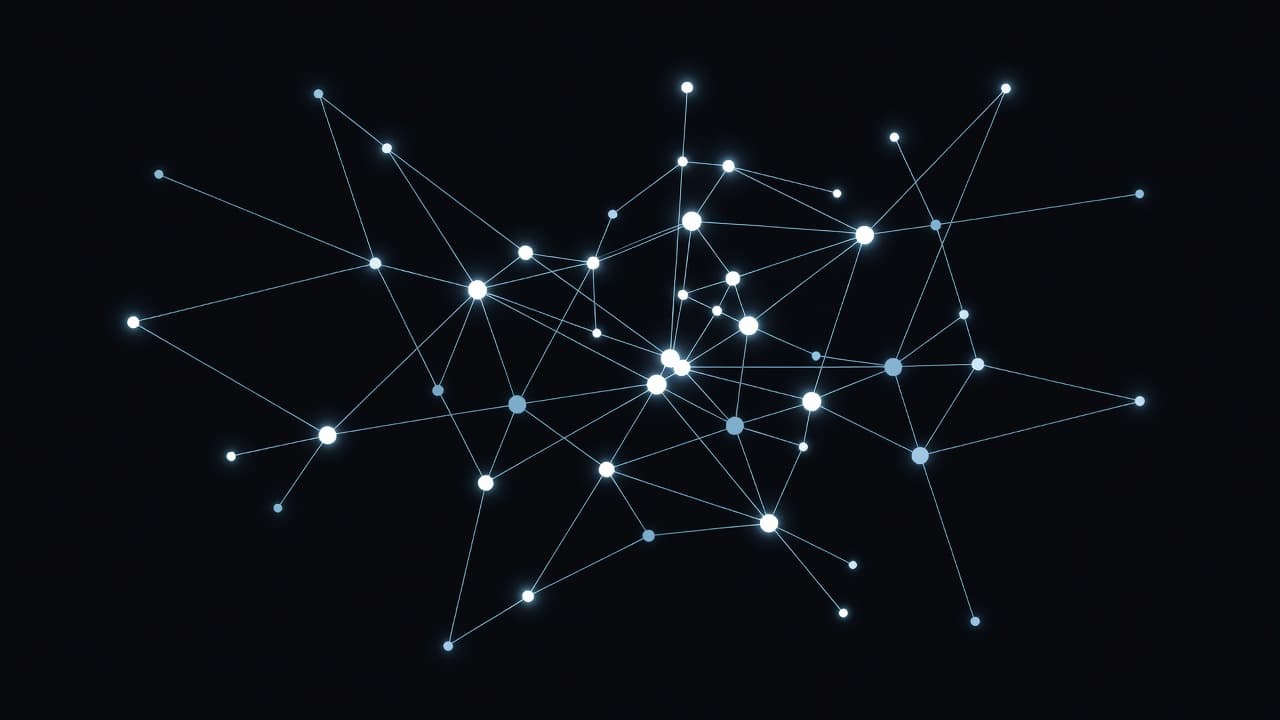 Glowing interconnected nodes and geometric paths form a complex network against a dark void. This visual representation highlights the systematic organization of website architecture and technical site indexing efficiency.