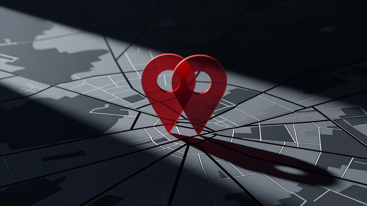 Two semi-transparent location markers overlap on a dark, stylized digital map interface. High contrast lighting highlights the geometric shapes against the deep blue background to represent conflicting geographic business data points.