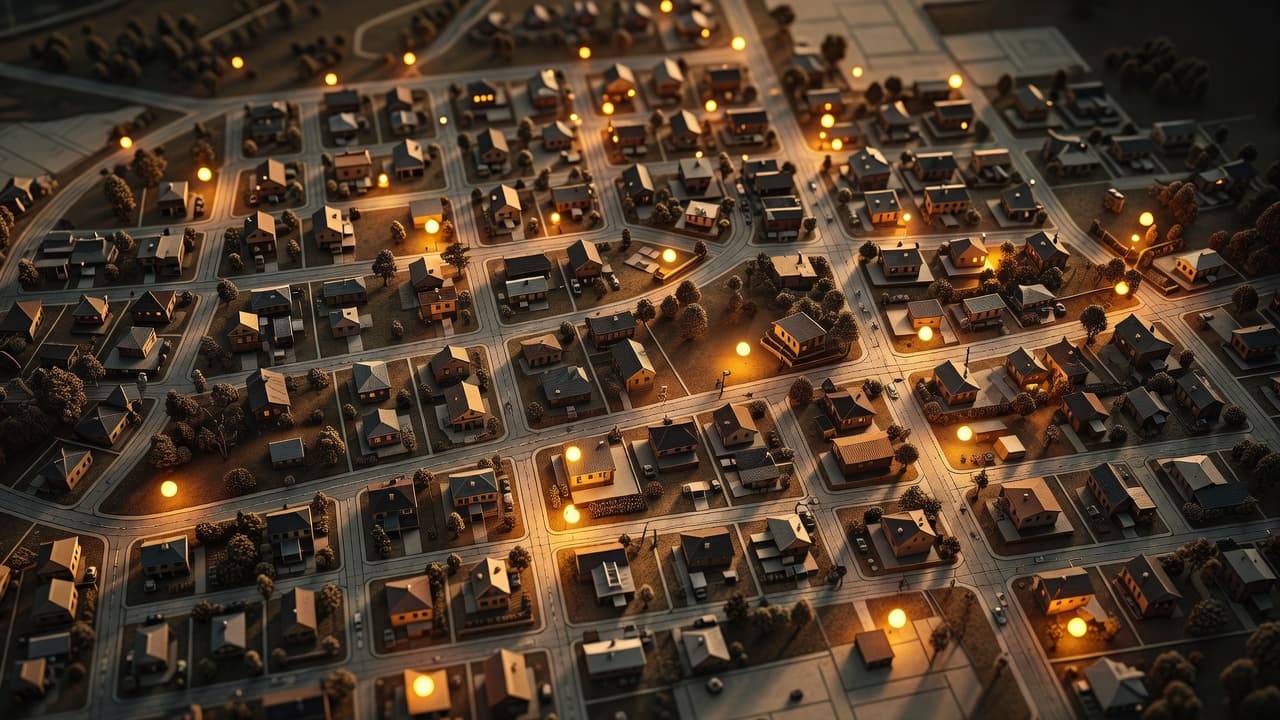 An aerial perspective displays dense residential streets cast in deep shadows with soft amber lights illuminating specific map segments. Each glowing point highlights strategic locations across the intricate suburban landscape layout.