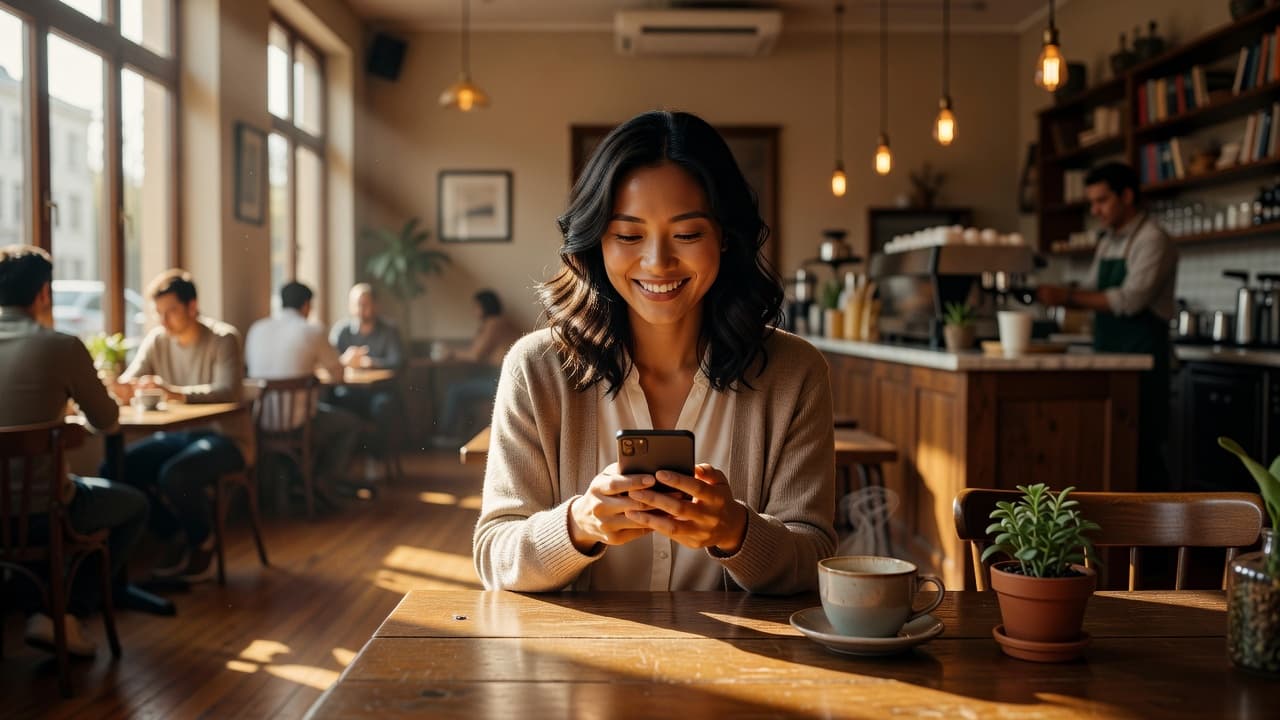 A smiling person sits at a rustic table inside a sunlit coffee shop, tapping on a smartphone screen. Golden light highlights the vibrant atmosphere and the person's positive facial expression.