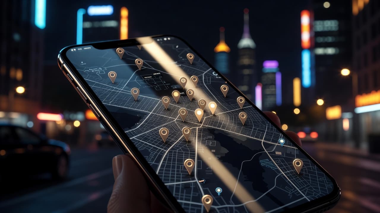 A mobile phone screen displays a vibrant interactive map featuring multiple glowing location pins. The surrounding urban environment is softly blurred, emphasizing the sharp, bright navigation interface in the foreground.