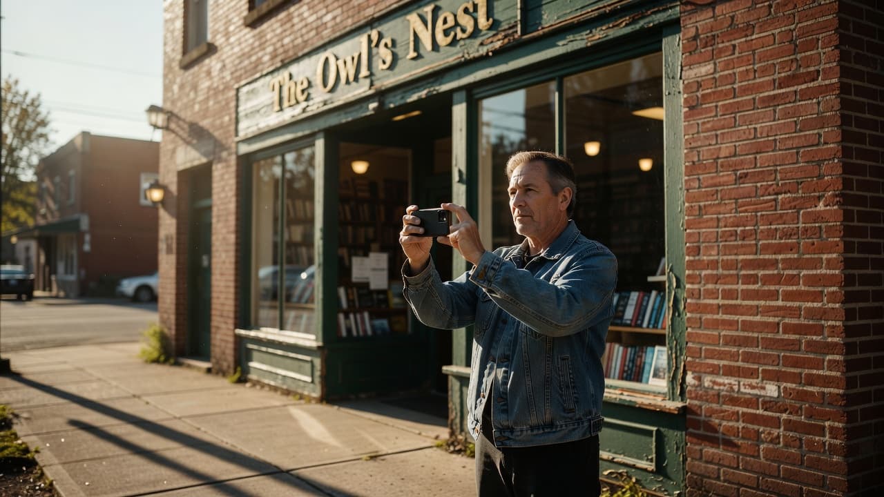 A business owner stands on the sidewalk holding a smartphone up to capture a professional photo of their vibrant shop entrance. Warm sunlight highlights the facade, creating an inviting retail atmosphere.