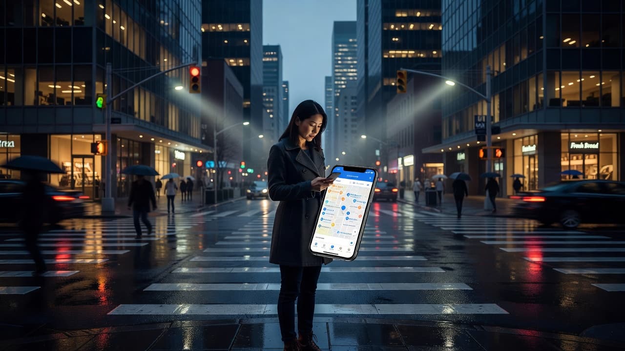 A person stands on a bustling metropolitan sidewalk, holding a smartphone to view a digital city map. High-contrast urban lighting highlights the busy background while casting soft shadows on the pedestrian.