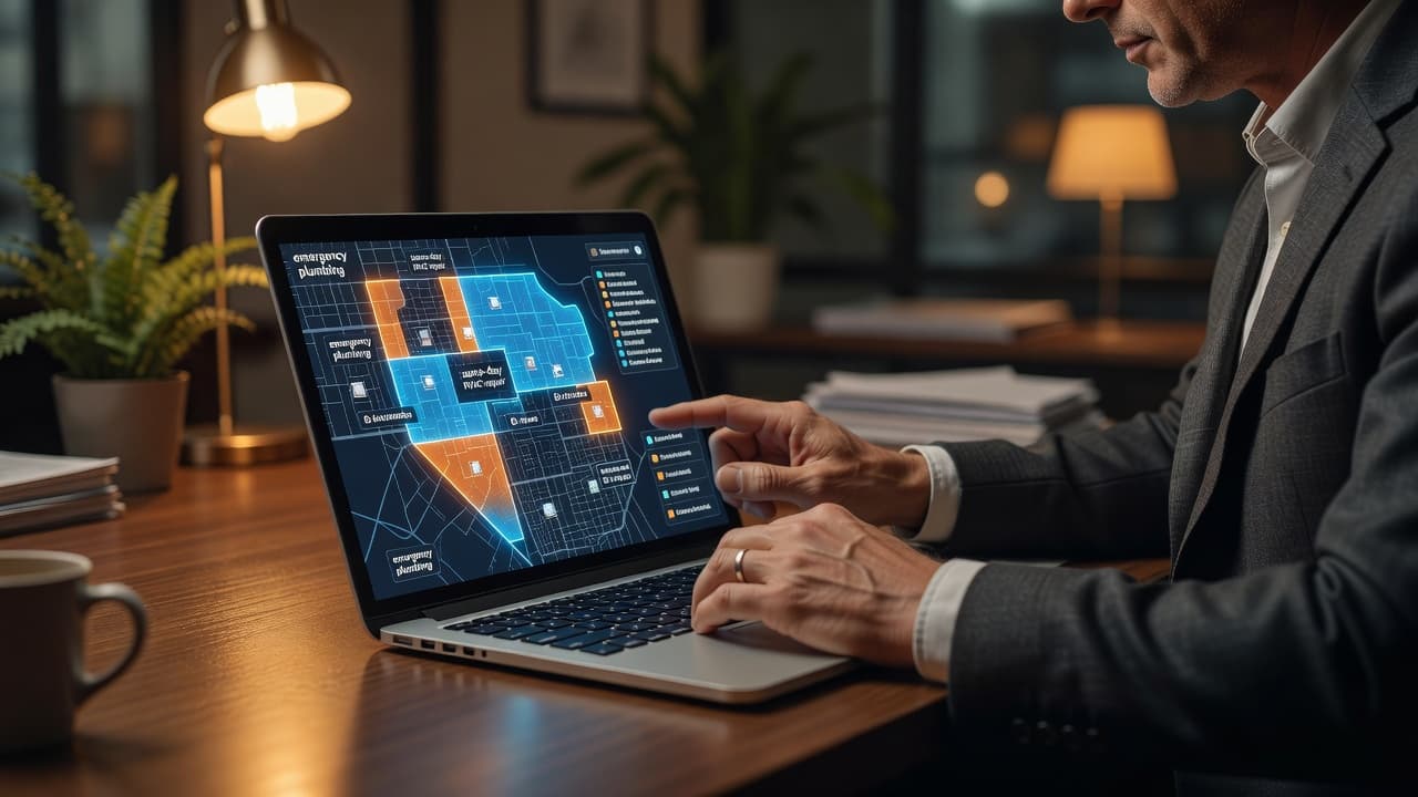 A focused professional gestures toward a detailed digital map displayed on a laptop screen. Warm ambient light highlights their hands and the highlighted service zones across the glowing computer display.