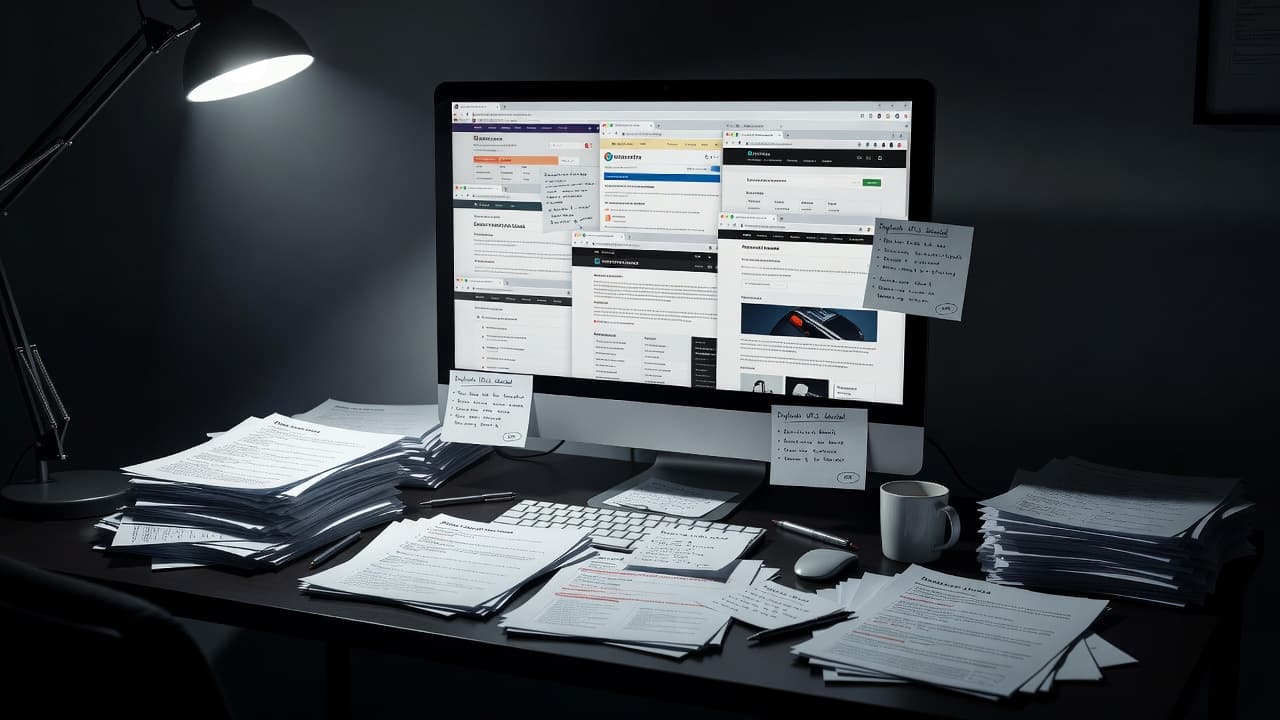 A cluttered desk displays a computer monitor showing numerous overlapping browser tabs with identical web layouts. Deep shadows and high contrast lighting emphasize the overwhelming nature of managing massive digital information.