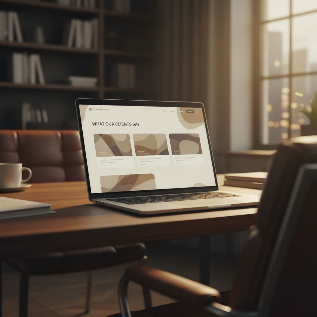 A glowing laptop screen displays a modern website layout featuring organized customer testimonials in a dimly lit office. Soft, warm ambient light highlights the sleek design against the deep shadows.