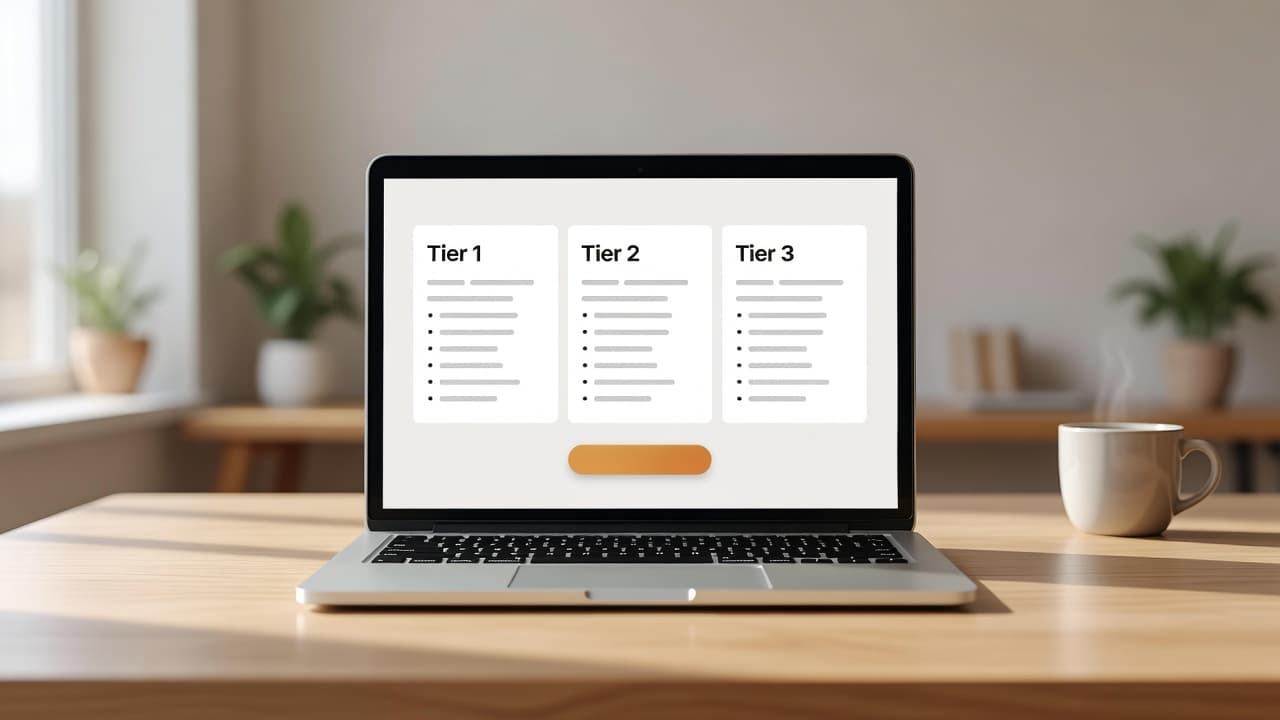 A laptop displays a sleek three-tiered service pricing table with organized feature lists and bold action buttons. The screen is centered within a warmly lit, soft-focus professional home office environment.