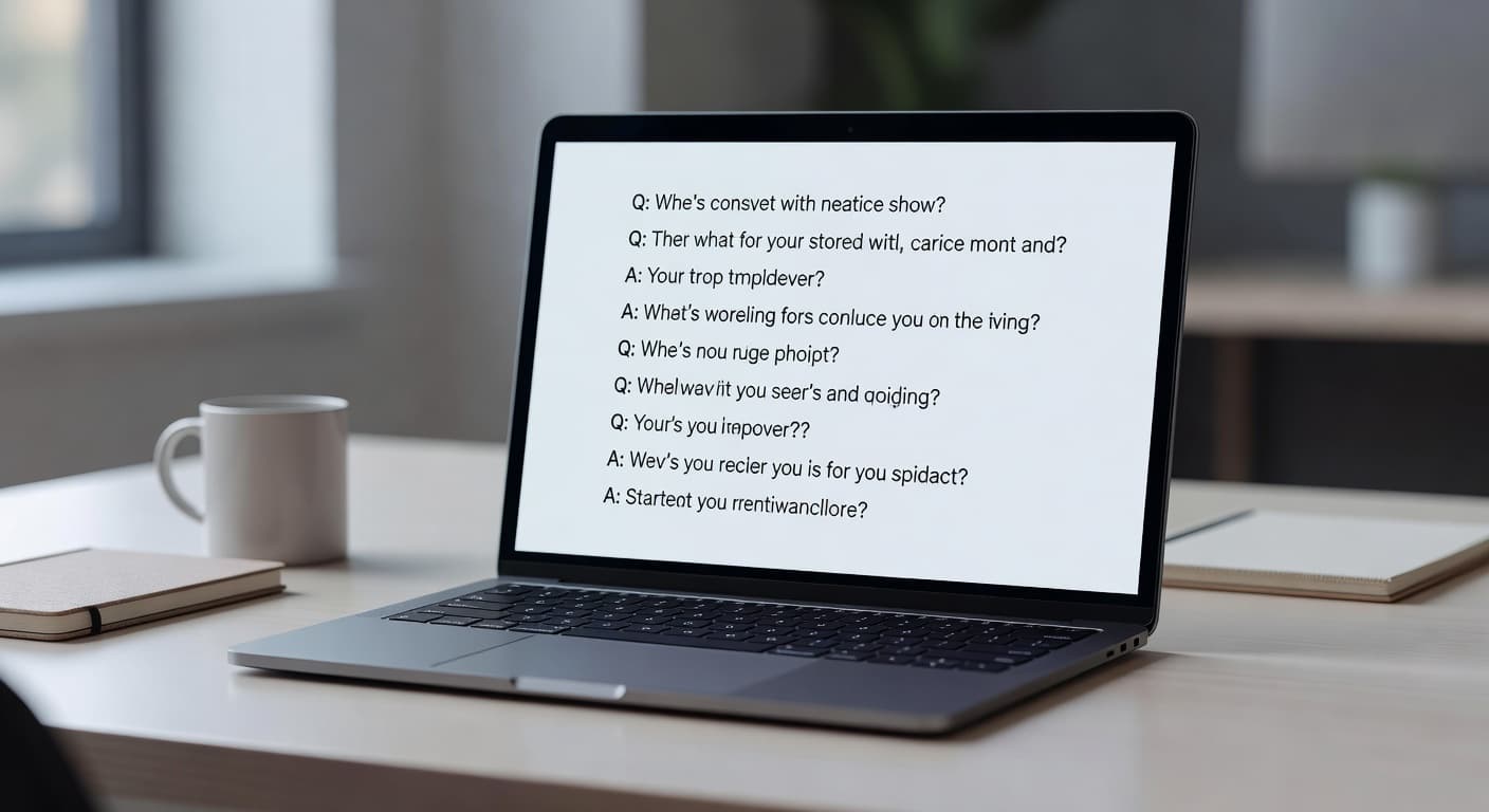 A sleek silver laptop rests on a minimalist desk, displaying a structured list of query items on the bright screen. The background features soft blurred lighting that highlights the professional workstation.