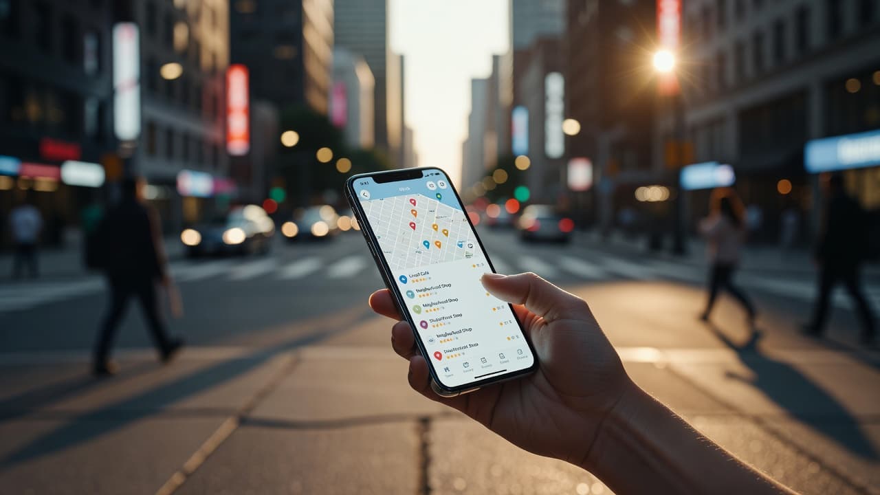 A close-up view of a person holding a smartphone on a busy city street, displaying a digital local business feed. The background is softly blurred to emphasize the map interface.