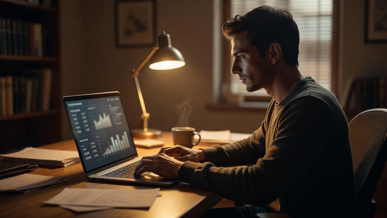 A focused professional sits at a desk reviewing complex business metrics on a laptop screen. Warm ambient lighting illuminates the workspace while soft shadows create depth within the quiet office environment.