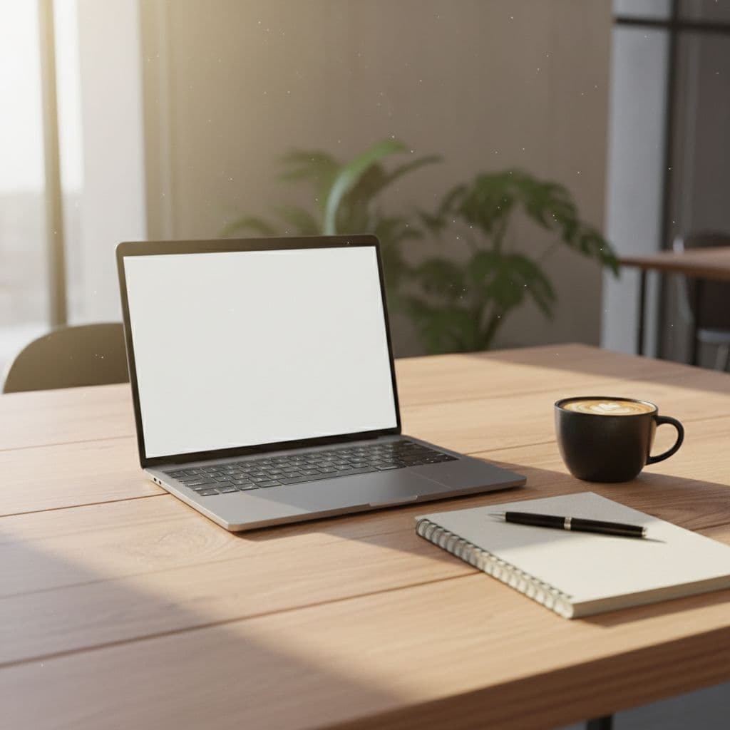 A sleek silver laptop sits beside a crisp white notepad and a steaming mug of coffee on a clean wooden desk. Soft golden sunlight flows across the workspace from a window.