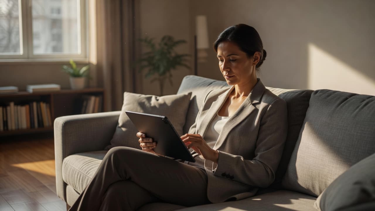 A person sits comfortably on a sofa, holding a tablet and reviewing online feedback. Soft daylight filters through a nearby window, creating a calm, focused atmosphere with cinematic contrast and depth.