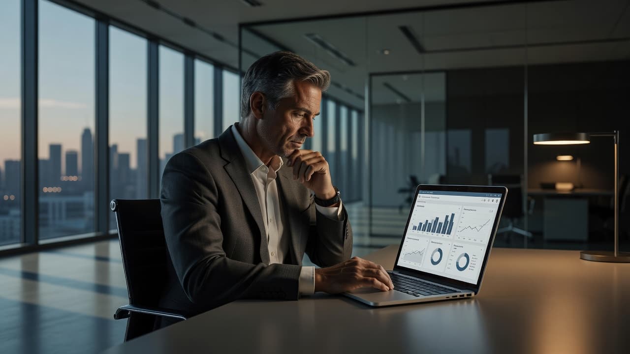 A focused professional sits at a clean wooden desk, carefully analyzing business performance data displayed on an open laptop screen. Natural light illuminates the minimalist office setting during a productive workday.