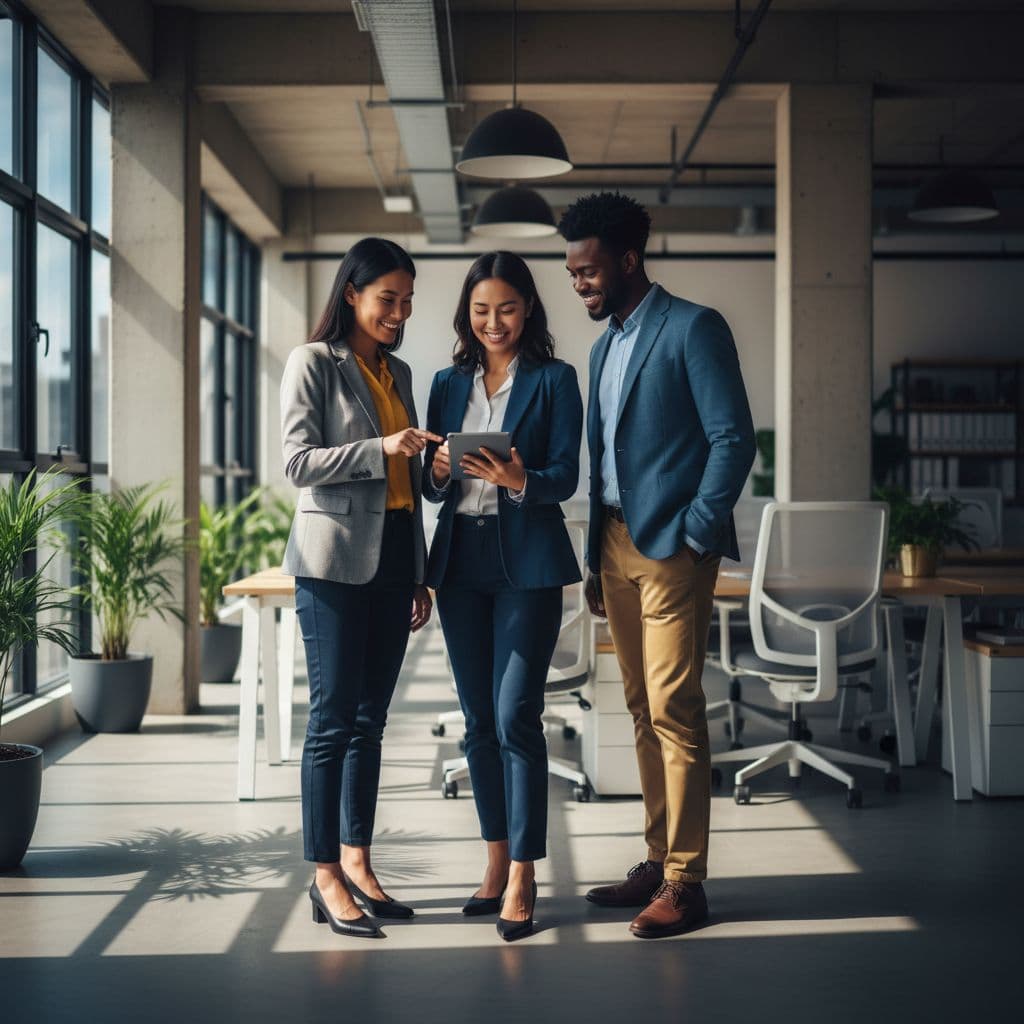 Three colleagues stand together in a bright, minimalist workspace featuring large windows and neutral tones. They wear smart business attire and share genuine smiles while posing for a portrait in the office.