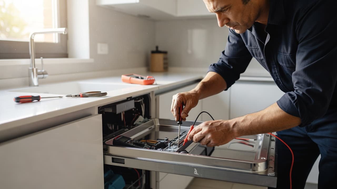 A technician works on a home appliance inside a sunlit kitchen, focusing on internal components with precision tools. Soft morning light illuminates the metallic surface and their steady, practiced hands.