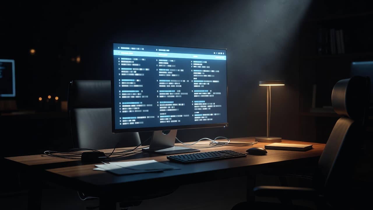 A dimly lit office desk features a glowing monitor displaying various digital data points. Stark lighting emphasizes the screen against the dark, moody environment, highlighting a focus on technical research.